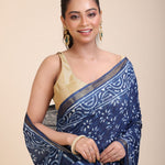 Indigo Handblock Printed Cotton Saree With Golden Border Close Up
