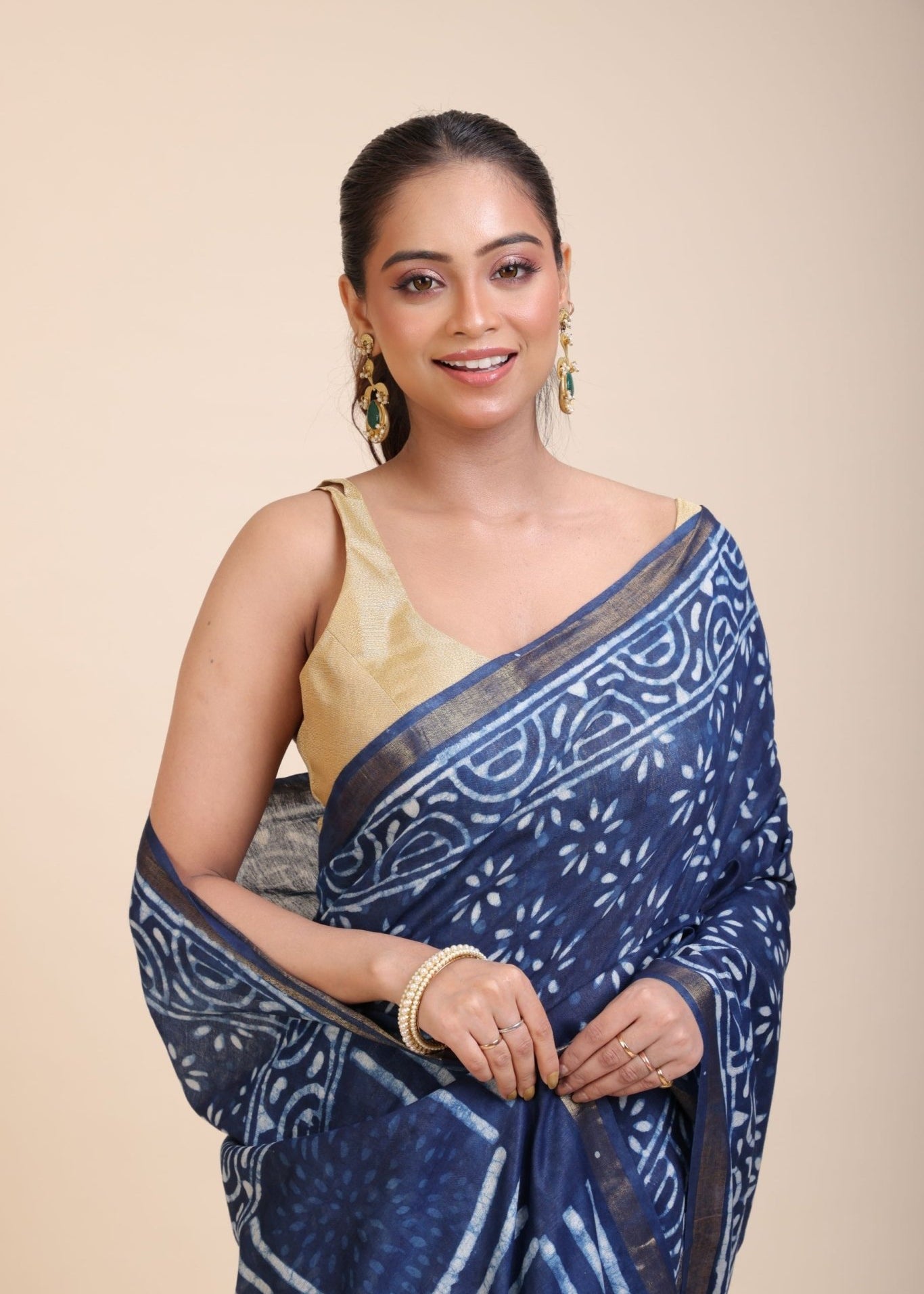 Indigo Handblock Printed Cotton Saree With Golden Border - Anvi Couture