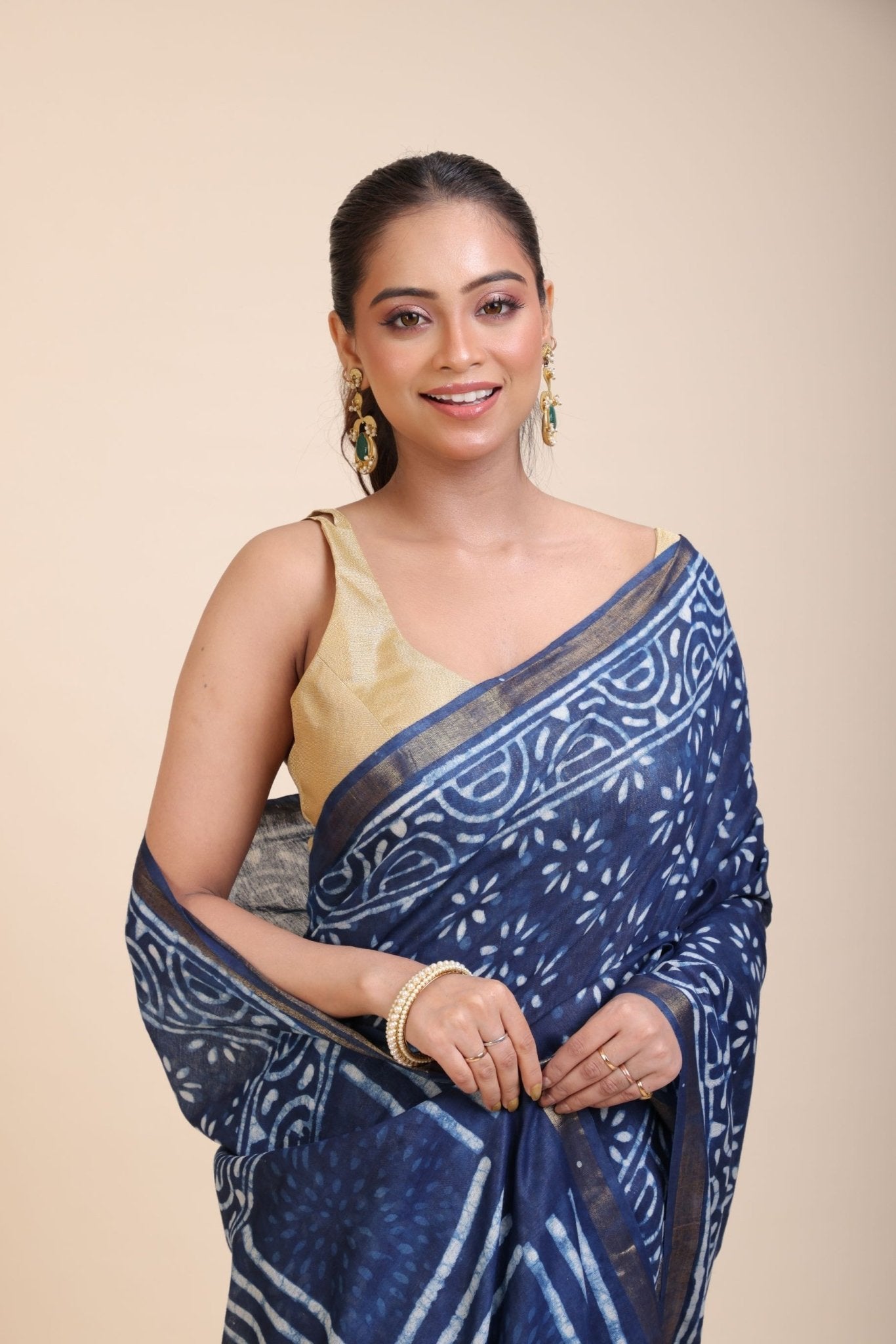 Indigo Handblock Printed Cotton Saree With Golden Border - Anvi Couture