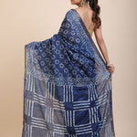 Indigo Handblock Printed Cotton Saree With Golden Border Back
