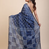 Indigo Handblock Printed Cotton Saree With Golden Border Back
