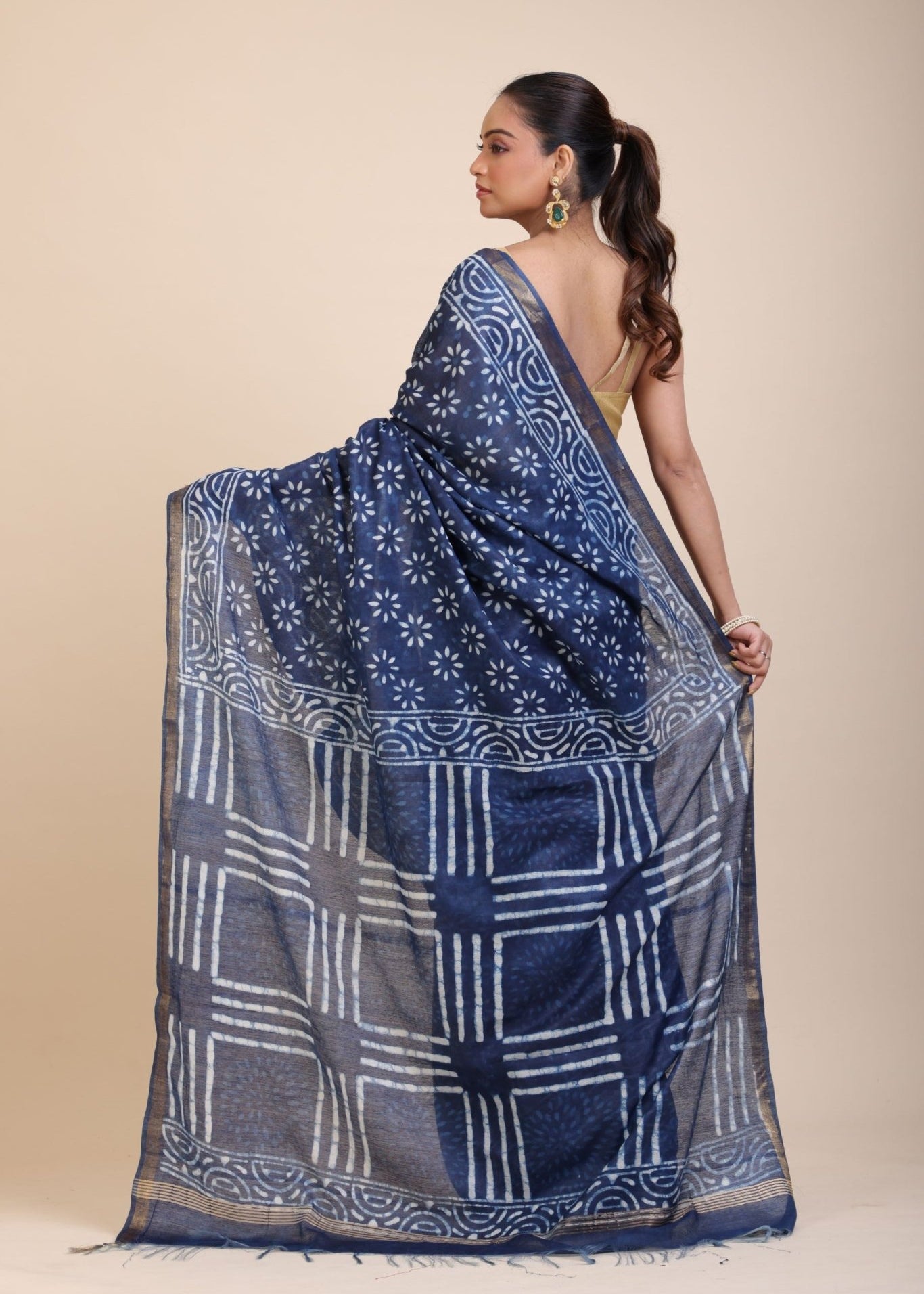 Indigo Handblock Printed Cotton Saree With Golden Border - Anvi Couture