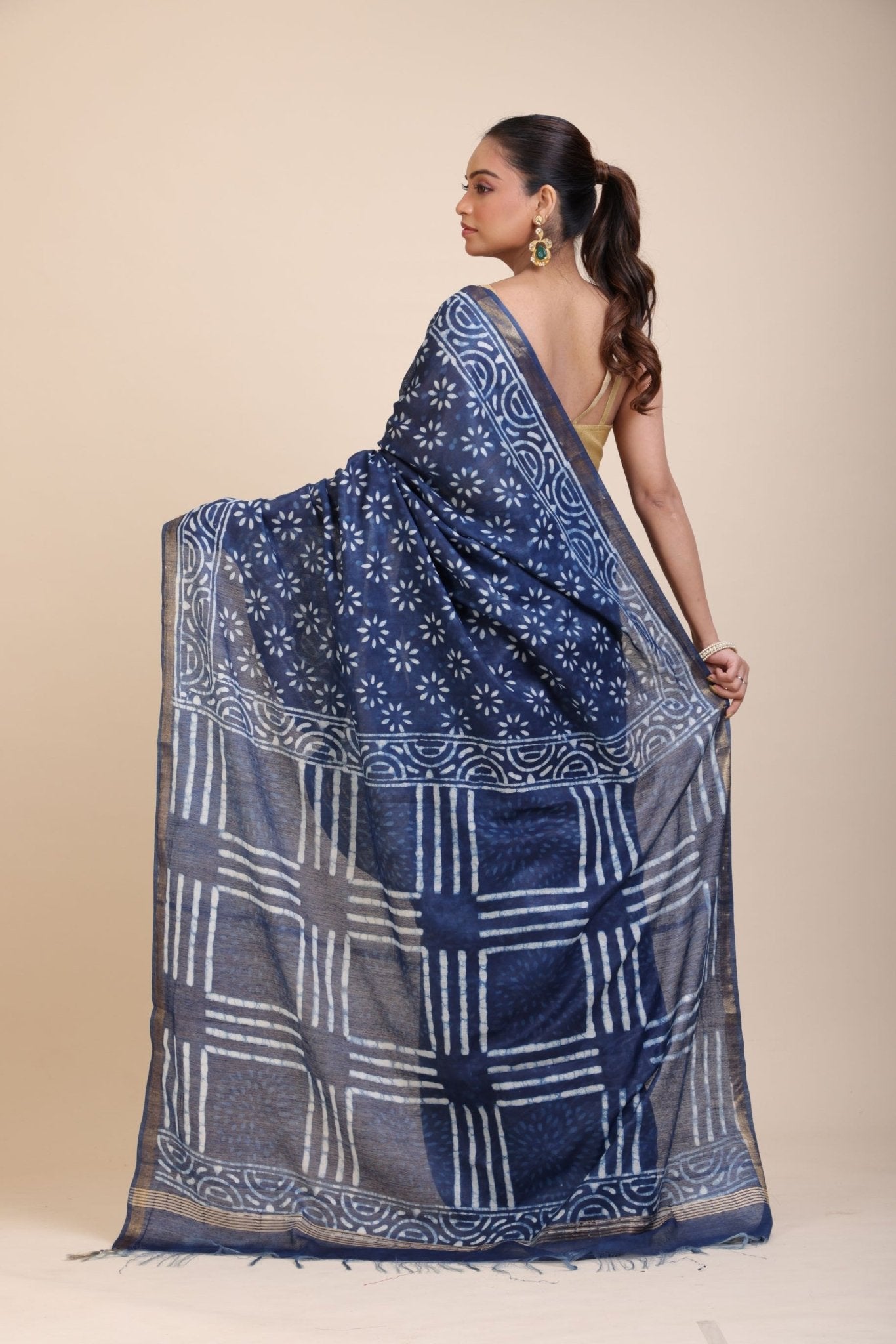 Indigo Handblock Printed Cotton Saree With Golden Border - Anvi Couture