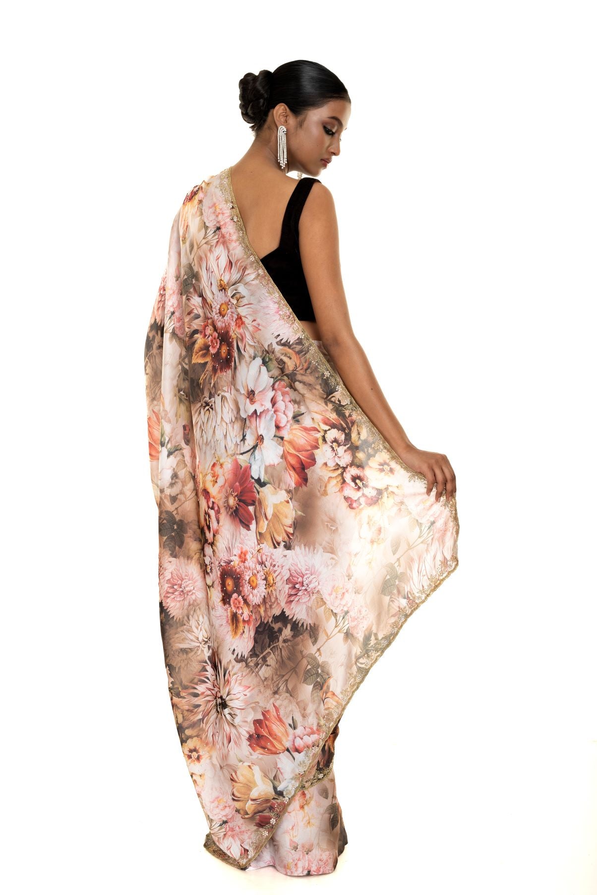 Ivory Crepe Saree with Floral Print and Cut Dana Embroidery Work