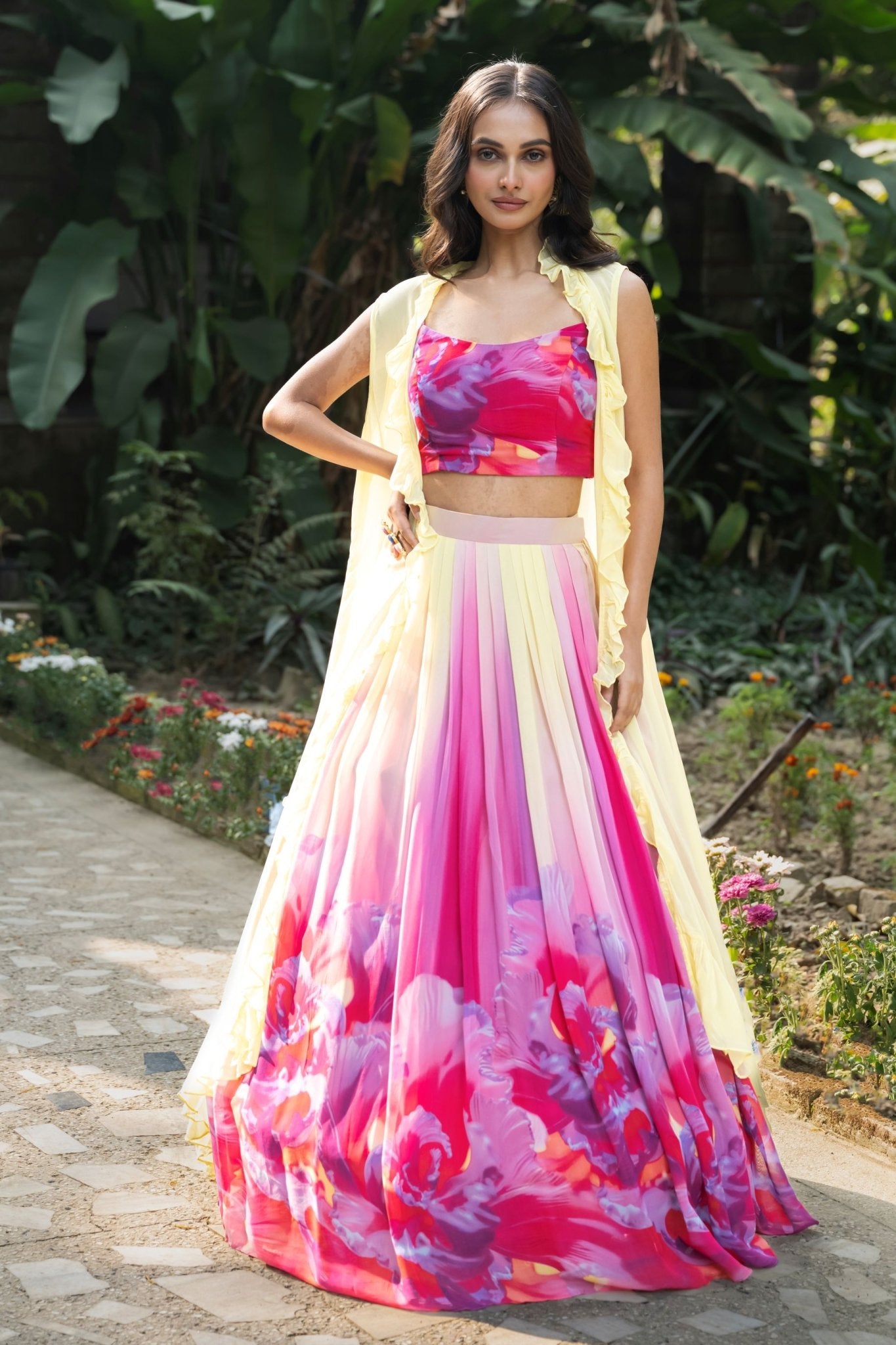 Rose Bloom Ivory Floral Lehenga Jacket Set - Anvi Couture