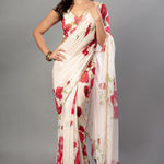 Ivory Floral Printed Saree Adorned with Hand - Embroidered Cut Dana Detailing - Anvi Couture