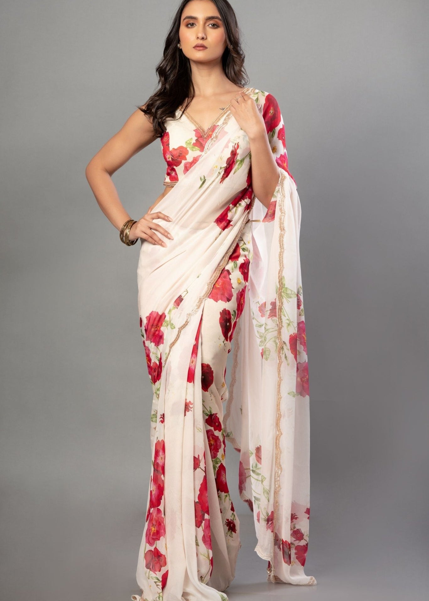 Ivory Floral Printed Saree Adorned with Hand - Embroidered Cut Dana Detailing - Anvi Couture