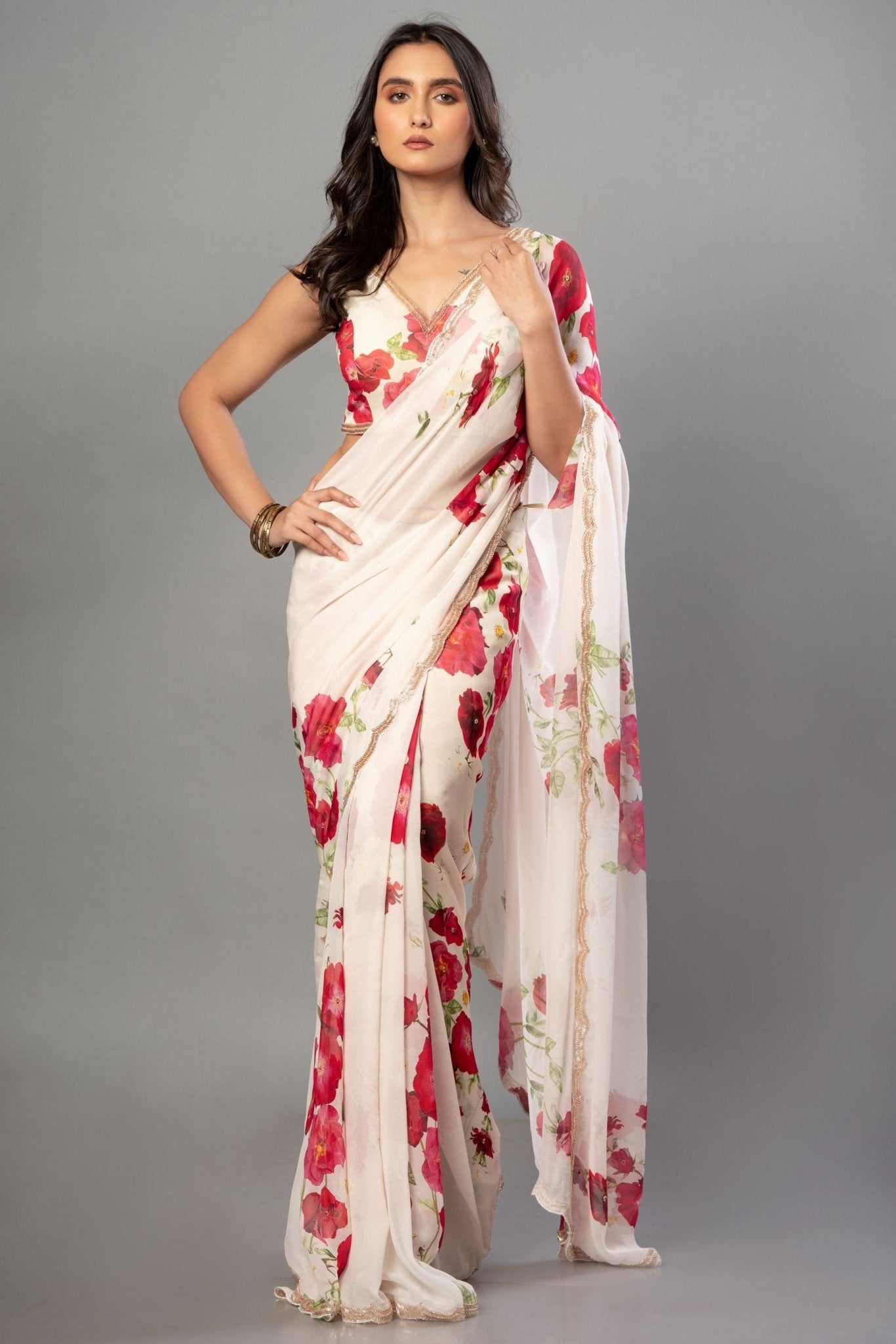 Ivory Floral Printed Saree Adorned with Hand - Embroidered Cut Dana Detailing - Anvi Couture