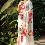 Ivory Floral Printed Saree Adorned with Hand - Embroidered Cut Dana Detailing - Anvi Couture