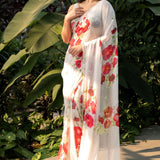 Ivory Floral Printed Saree Adorned with Hand - Embroidered Cut Dana Detailing - Anvi Couture