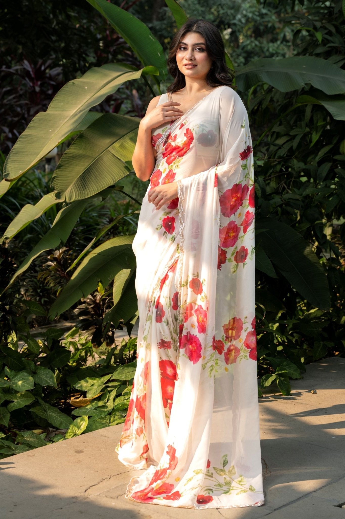 Ivory Floral Printed Saree Adorned with Hand - Embroidered Cut Dana Detailing - Anvi Couture