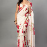 Ivory Floral Printed Saree Adorned with Hand - Embroidered Cut Dana Detailing - Anvi Couture