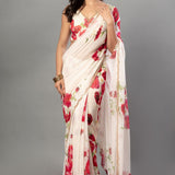 Ivory Floral Printed Saree Adorned with Hand - Embroidered Cut Dana Detailing - Anvi Couture