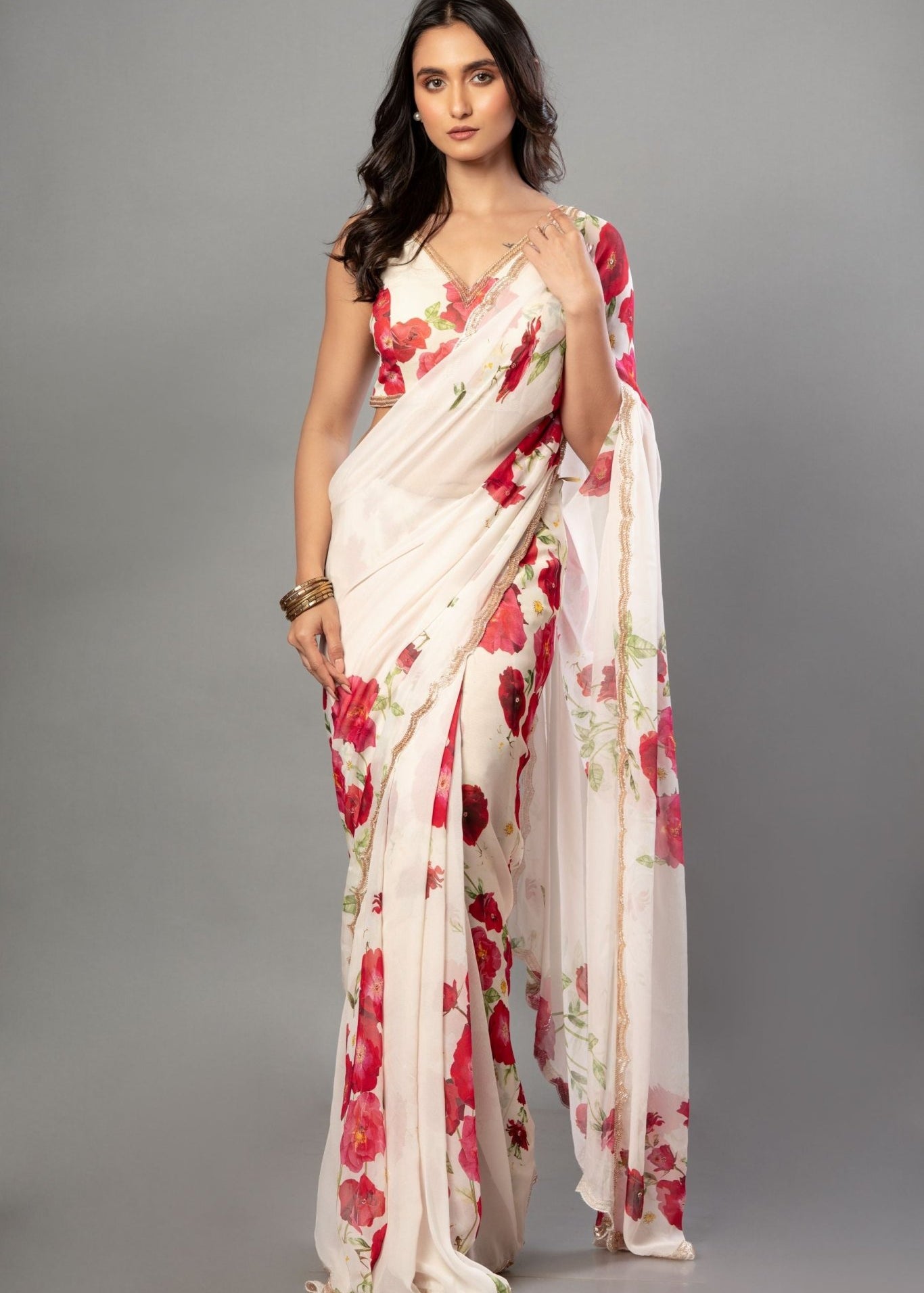 Ivory Floral Printed Saree Adorned with Hand - Embroidered Cut Dana Detailing - Anvi Couture