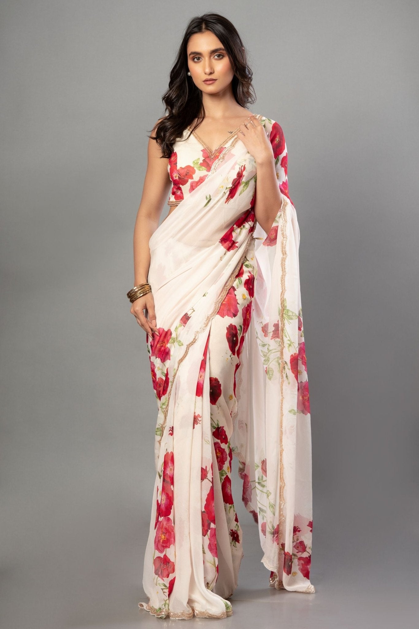 Ivory Floral Printed Saree Adorned with Hand - Embroidered Cut Dana Detailing - Anvi Couture