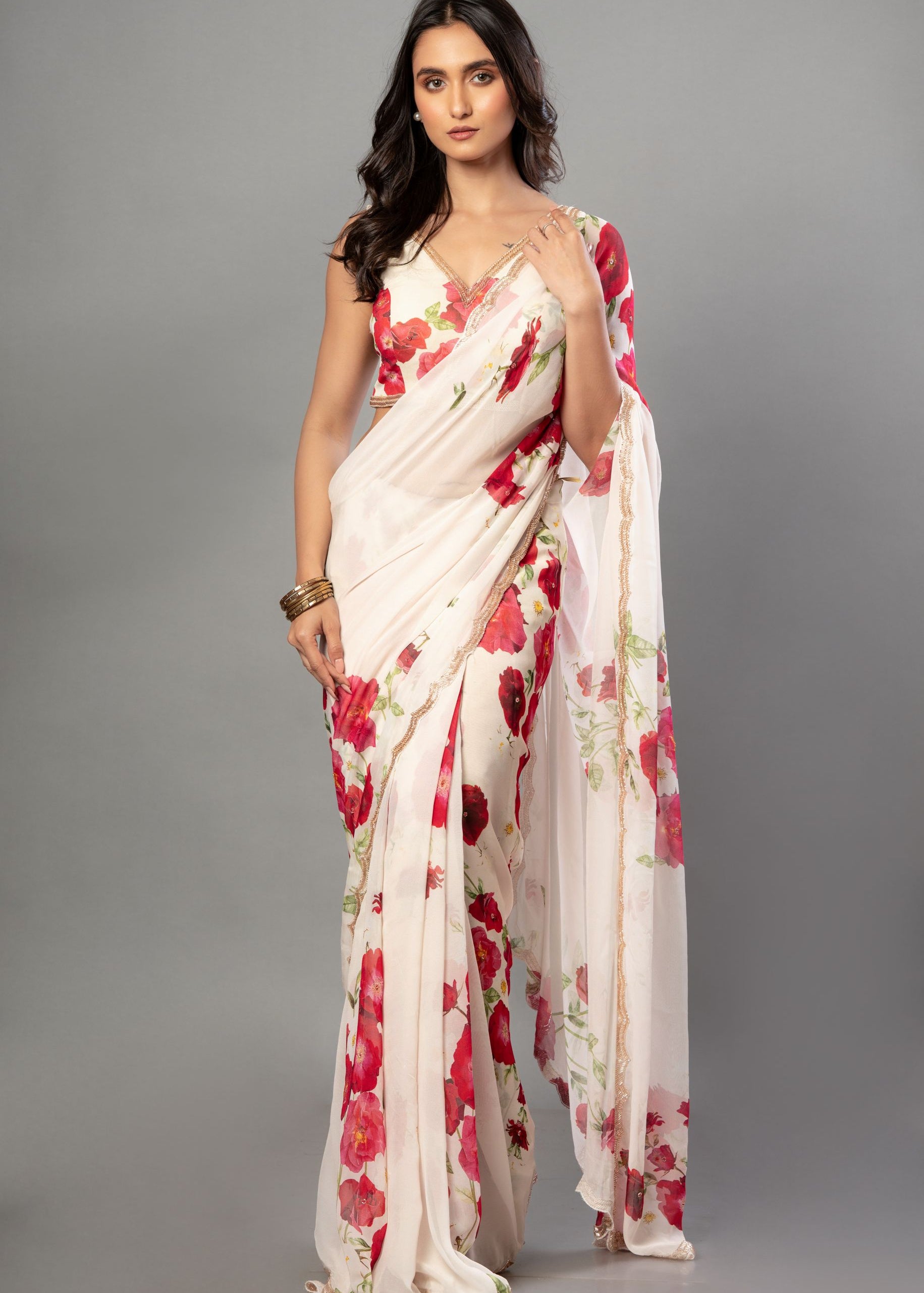 Ivory Floral Printed Saree Adorned with Hand-Embroidered Cut Dana Detailing 1
