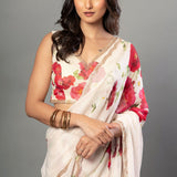 Ivory Floral Printed Saree Adorned with Hand - Embroidered Cut Dana Detailing - Anvi Couture