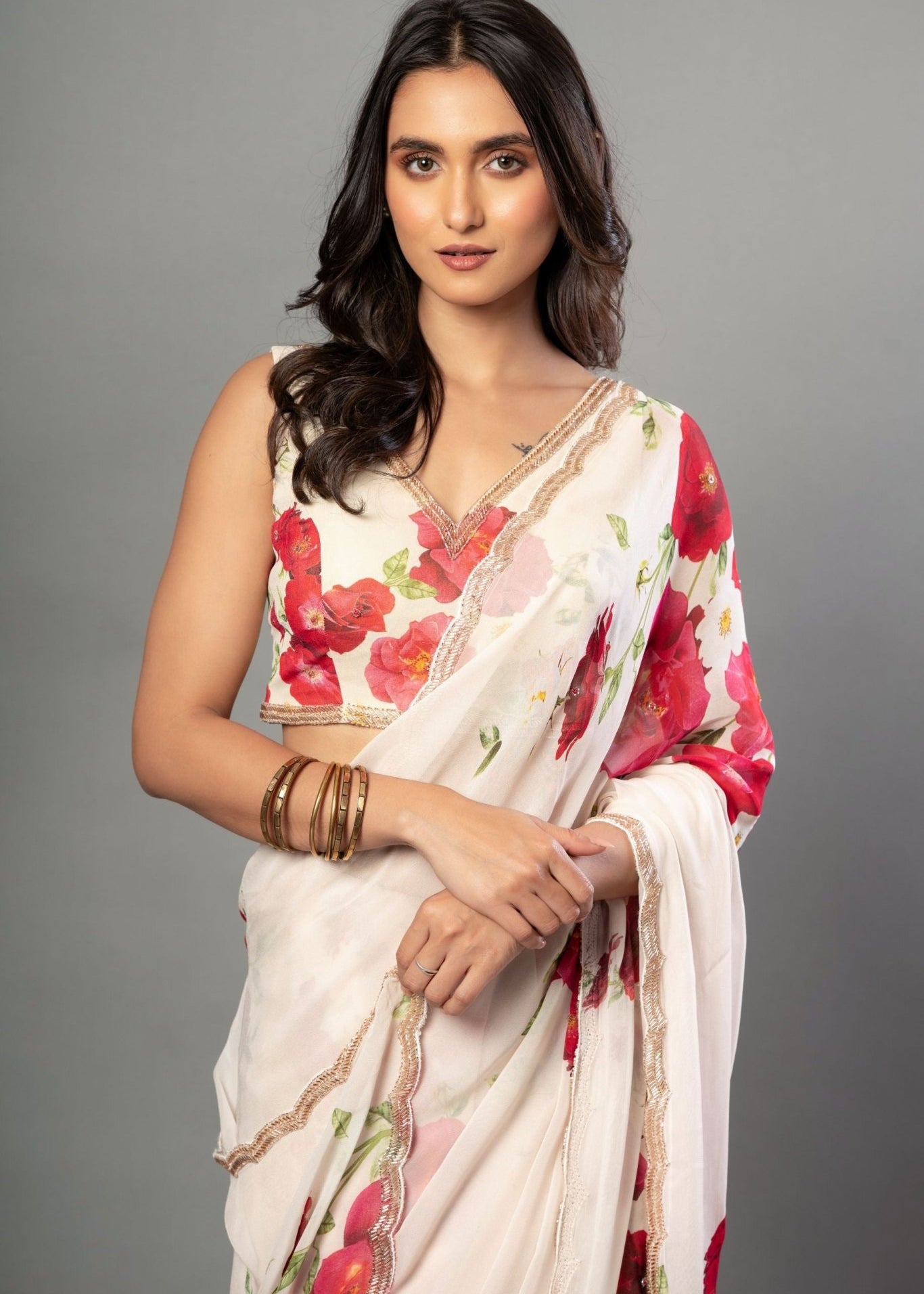 Ivory Floral Printed Saree Adorned with Hand - Embroidered Cut Dana Detailing - Anvi Couture