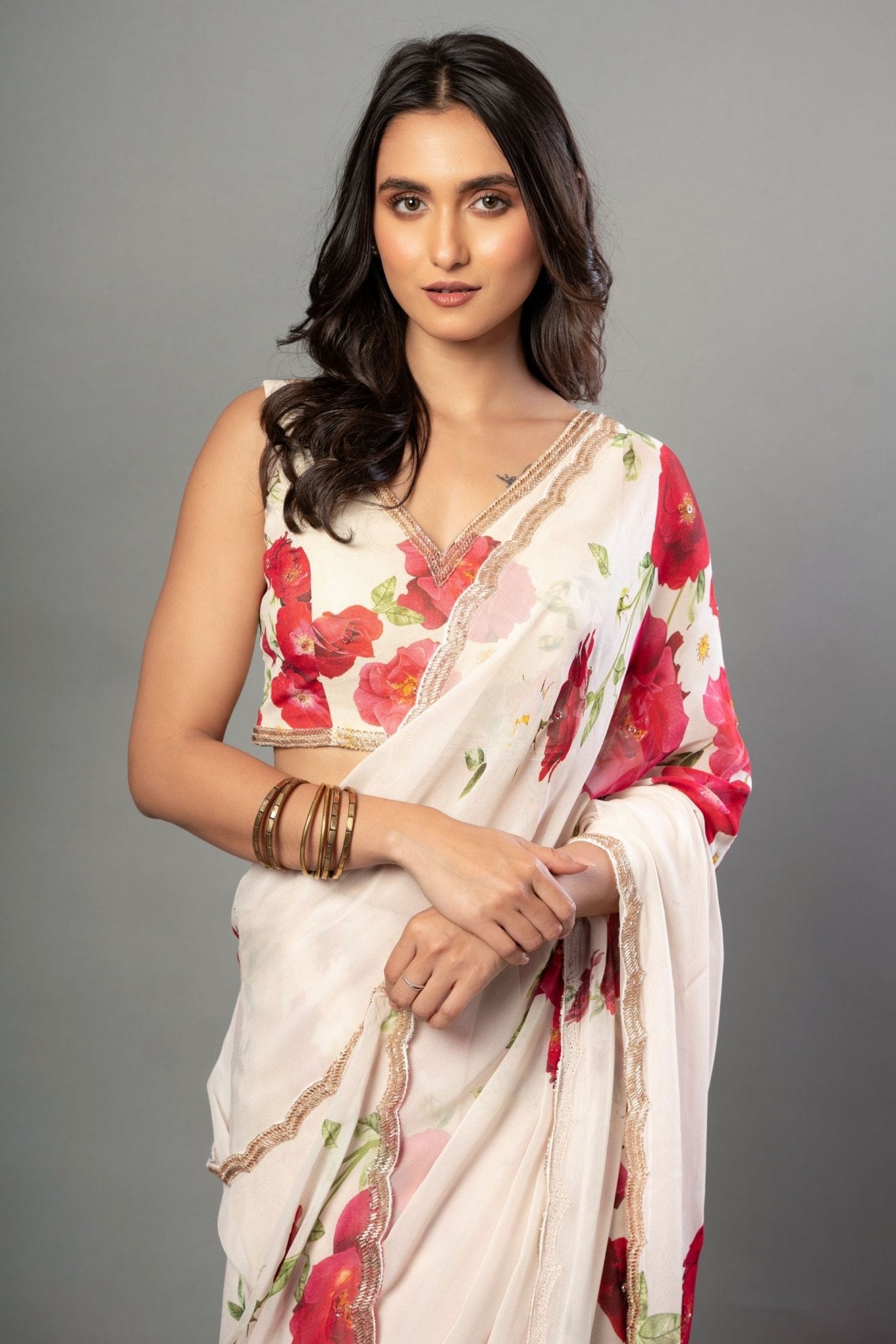 Ivory Floral Printed Saree Adorned with Hand - Embroidered Cut Dana Detailing - Anvi Couture