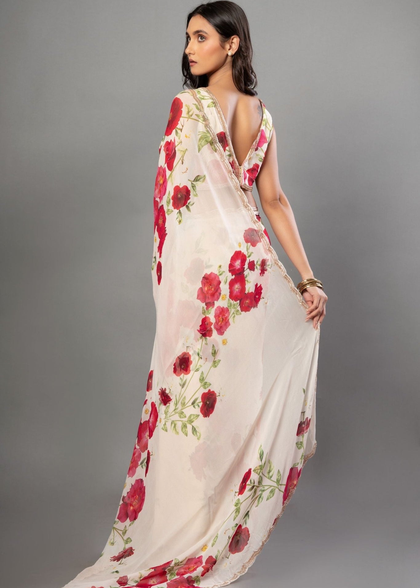 Ivory Floral Printed Saree Adorned with Hand - Embroidered Cut Dana Detailing - Anvi Couture