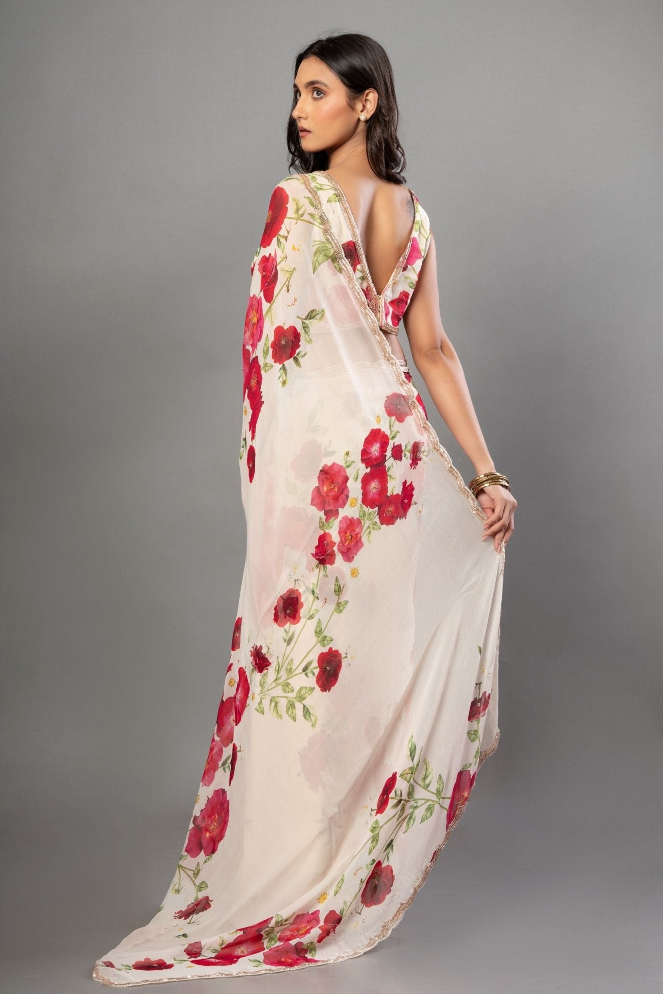 Ivory Floral Printed Saree Adorned with Hand - Embroidered Cut Dana Detailing - Anvi Couture