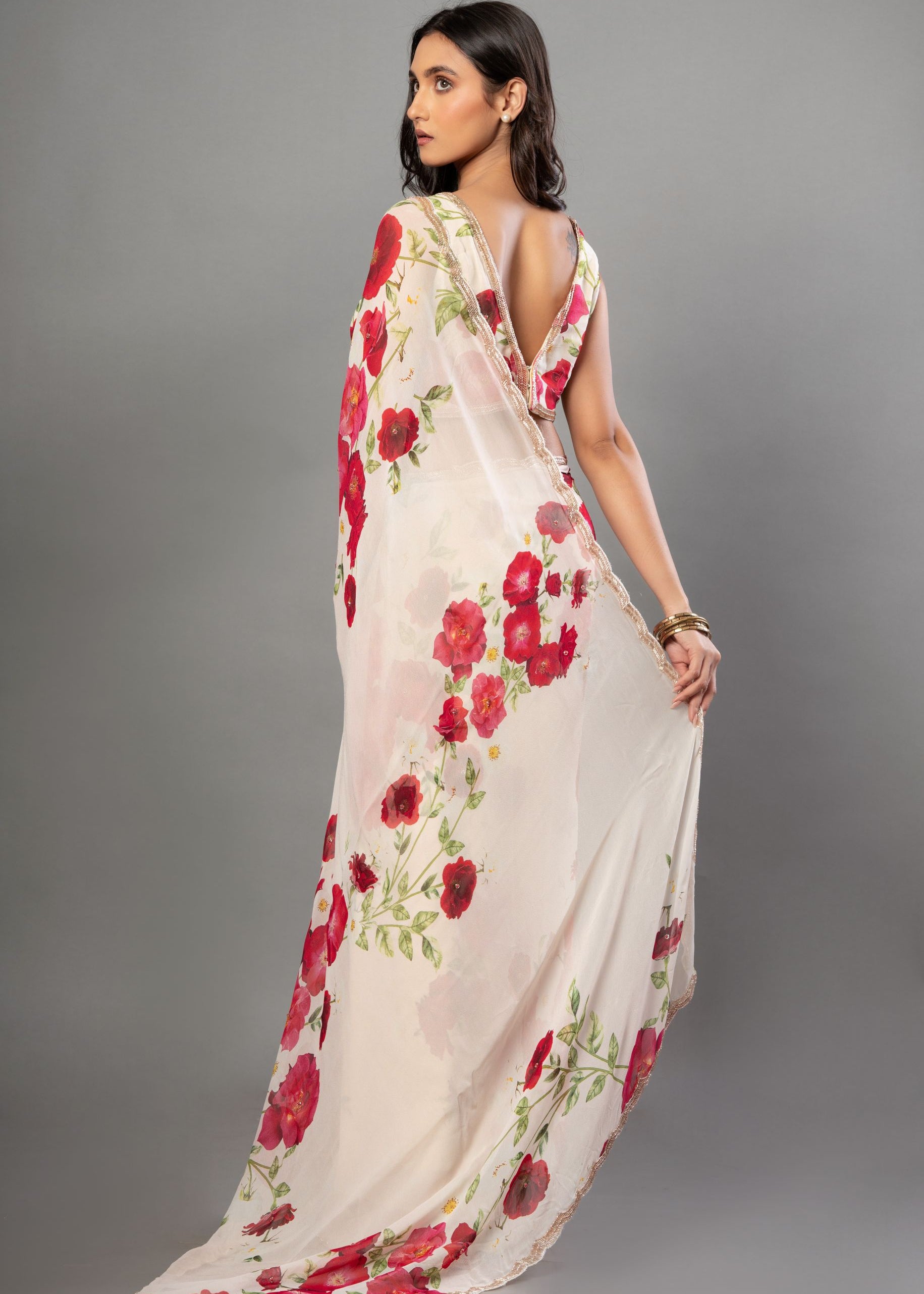 Ivory Floral Printed Saree Adorned with Hand-Embroidered Cut Dana Detailing 4
