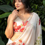 Ivory Floral Printed Saree Adorned with Hand - Embroidered Cut Dana Detailing - Anvi Couture