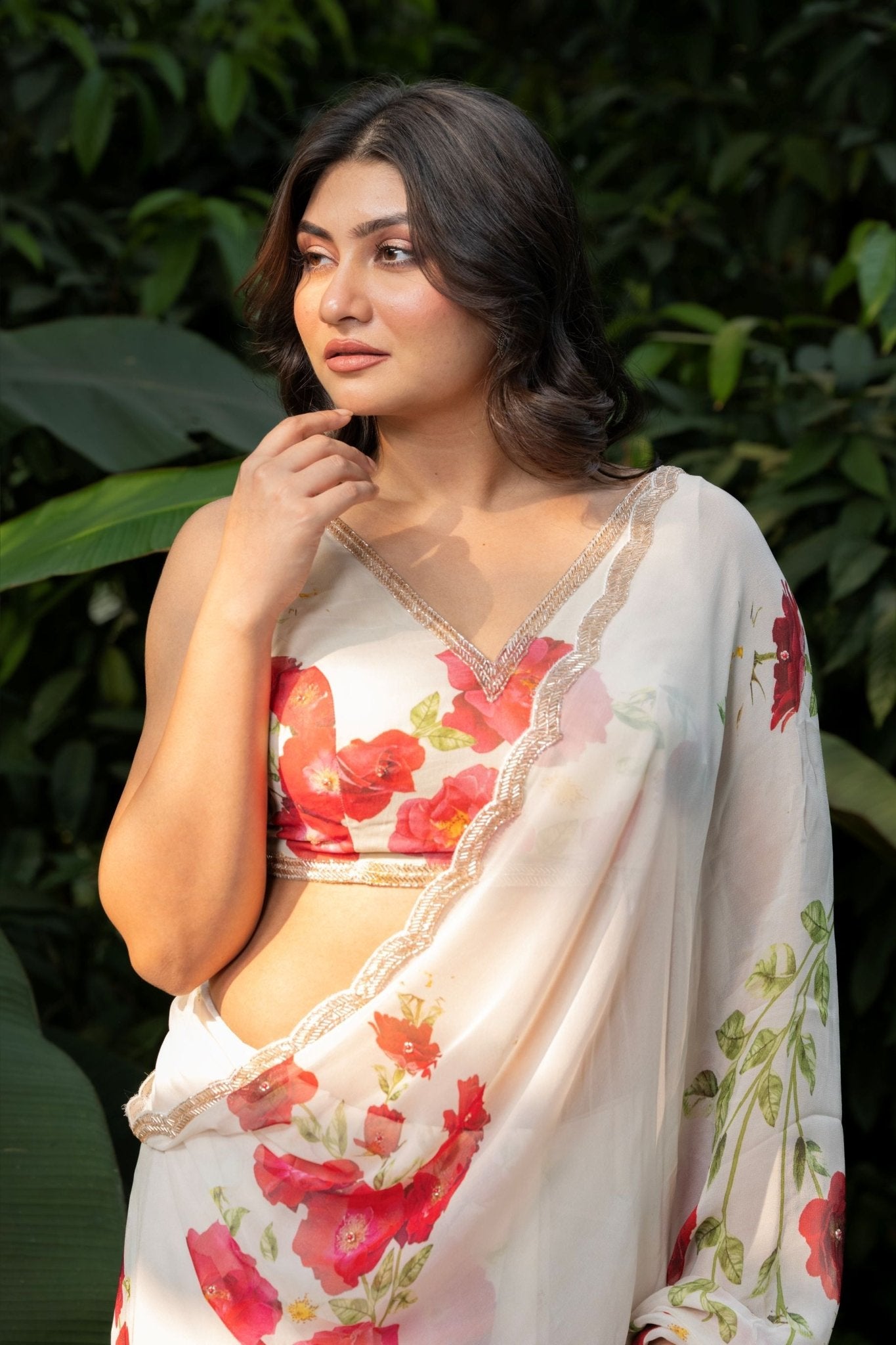 Ivory Floral Printed Saree Adorned with Hand - Embroidered Cut Dana Detailing - Anvi Couture