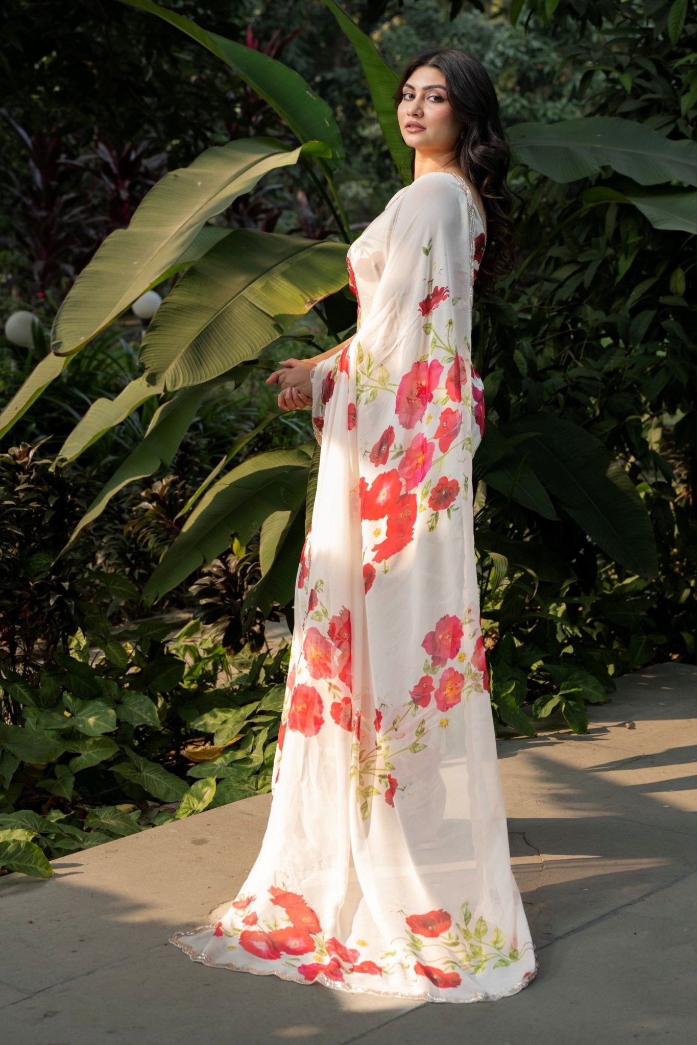 Ivory Floral Printed Saree Adorned with Hand - Embroidered Cut Dana Detailing - Anvi Couture