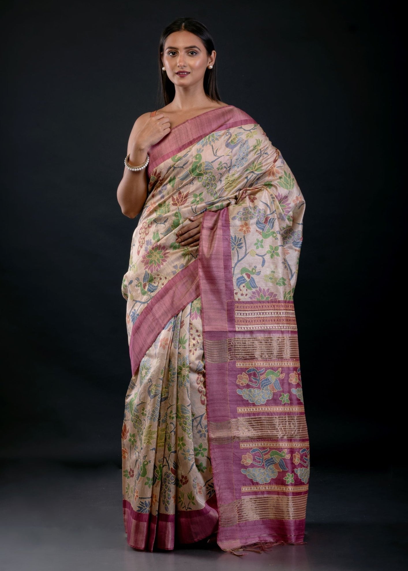 Ivory Floral Printed Silk Saree with Pink Border - Anvi Couture