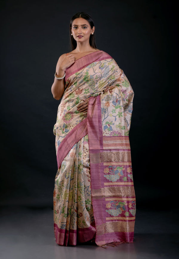 Ivory Floral Printed Silk Saree with Pink Border - Anvi Couture - Front 1