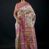 Ivory Floral Printed Silk Saree with Pink Border - Anvi Couture