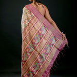 Ivory Floral Printed Silk Saree with Pink Border