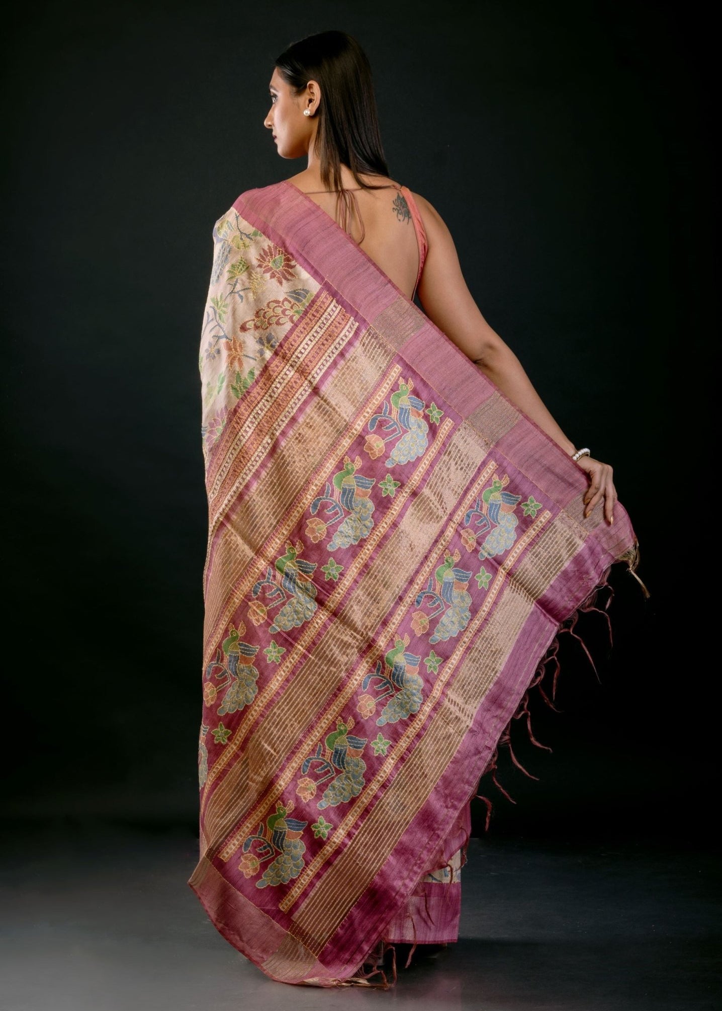 Ivory Floral Printed Silk Saree with Pink Border