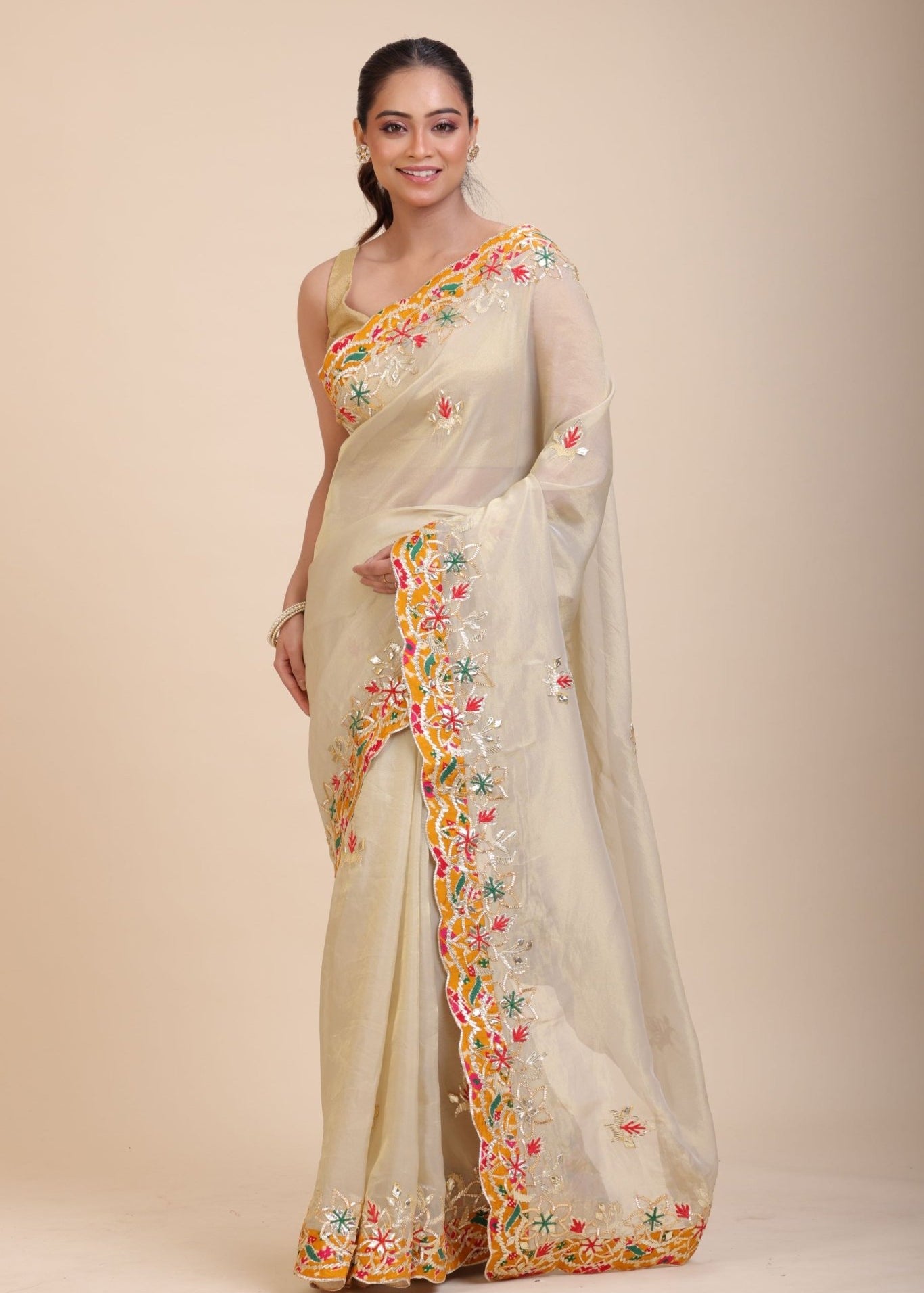 Ivory Gold Tissue Gota Patti Saree - Anvi Couture