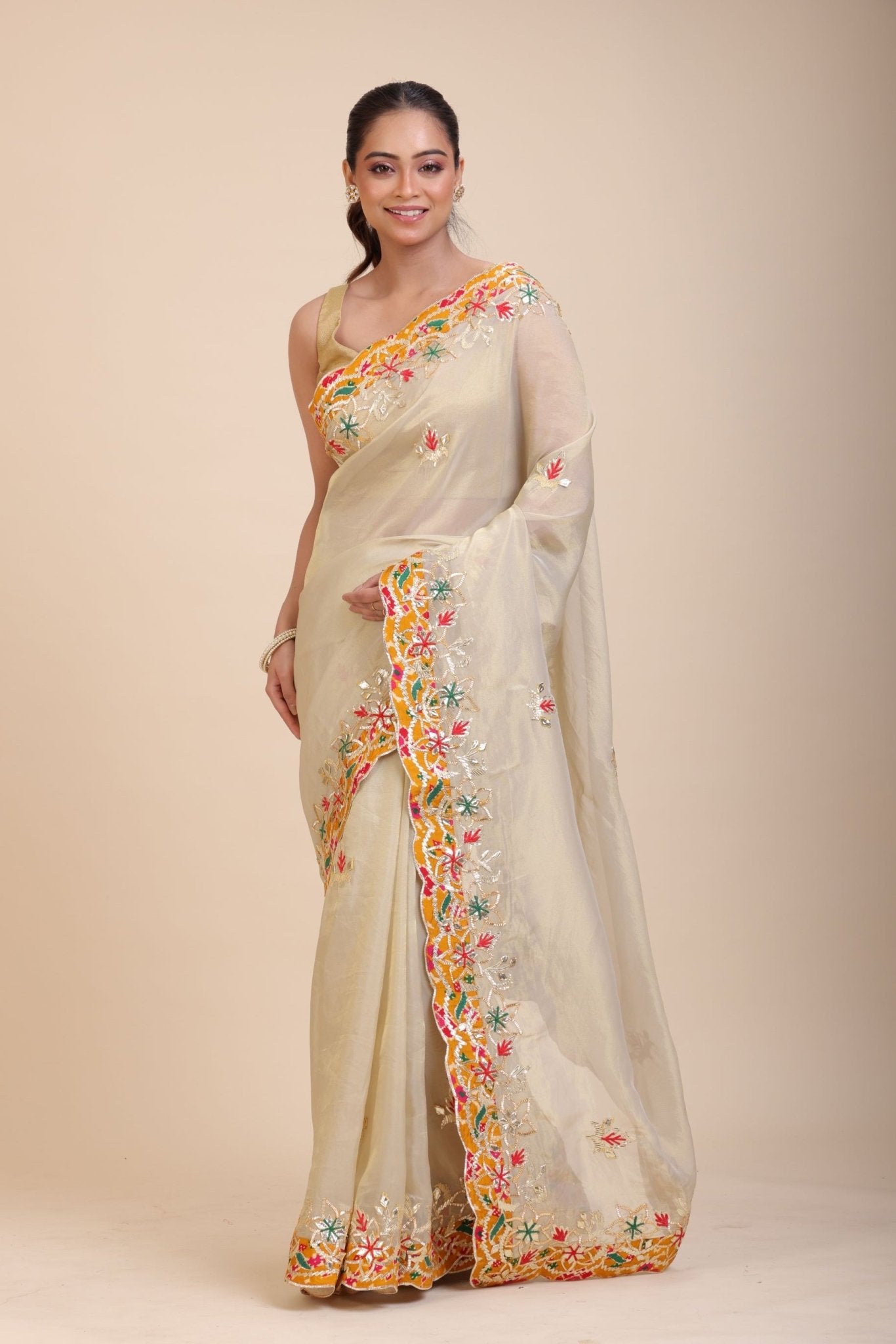 Ivory Gold Tissue Gota Patti Saree - Anvi Couture