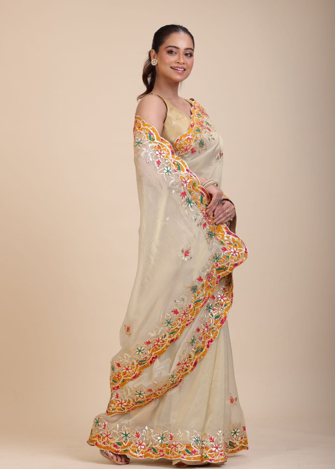 Ivory Gold Tissue Gota Patti Saree - Anvi Couture