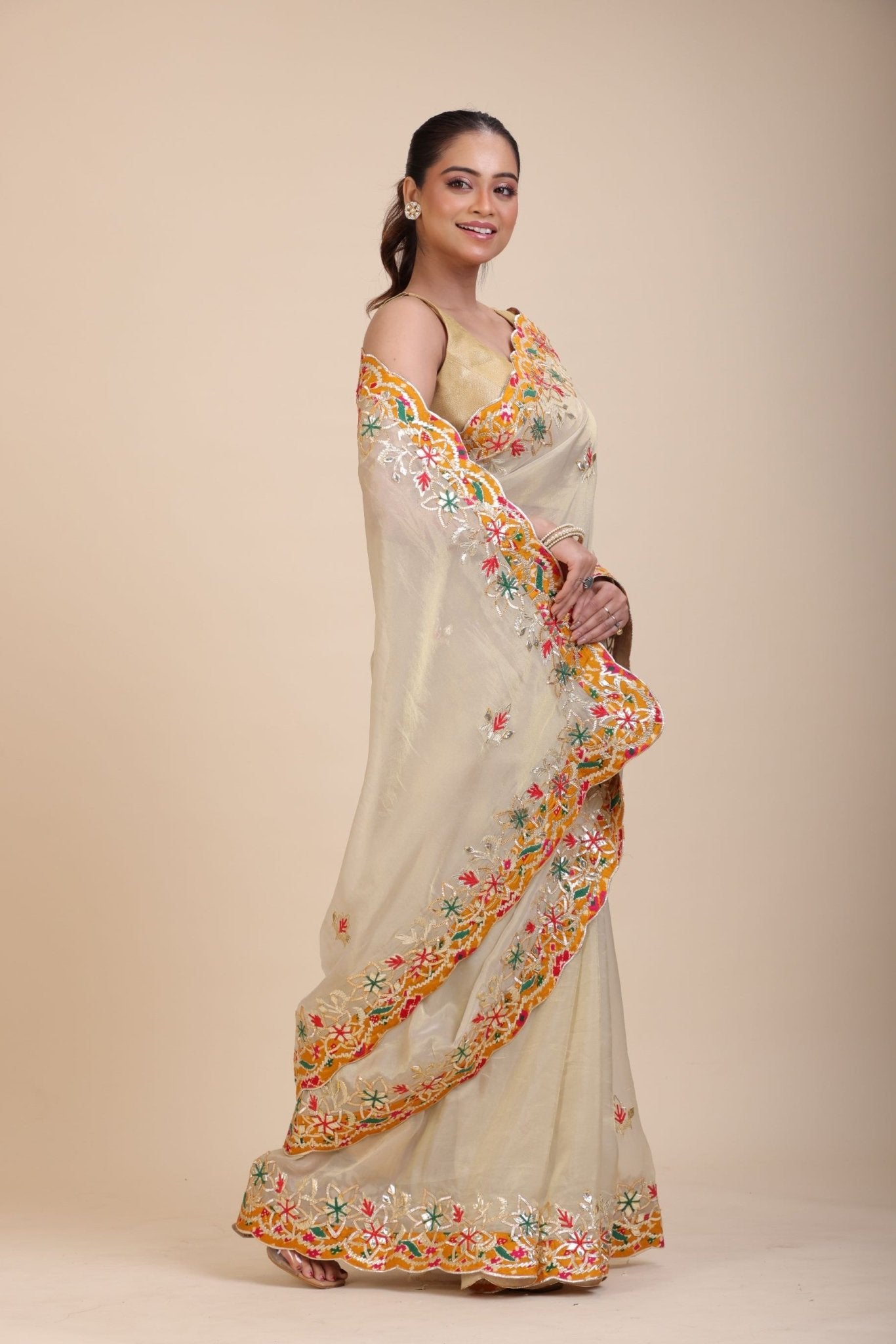Ivory Gold Tissue Gota Patti Saree - Anvi Couture