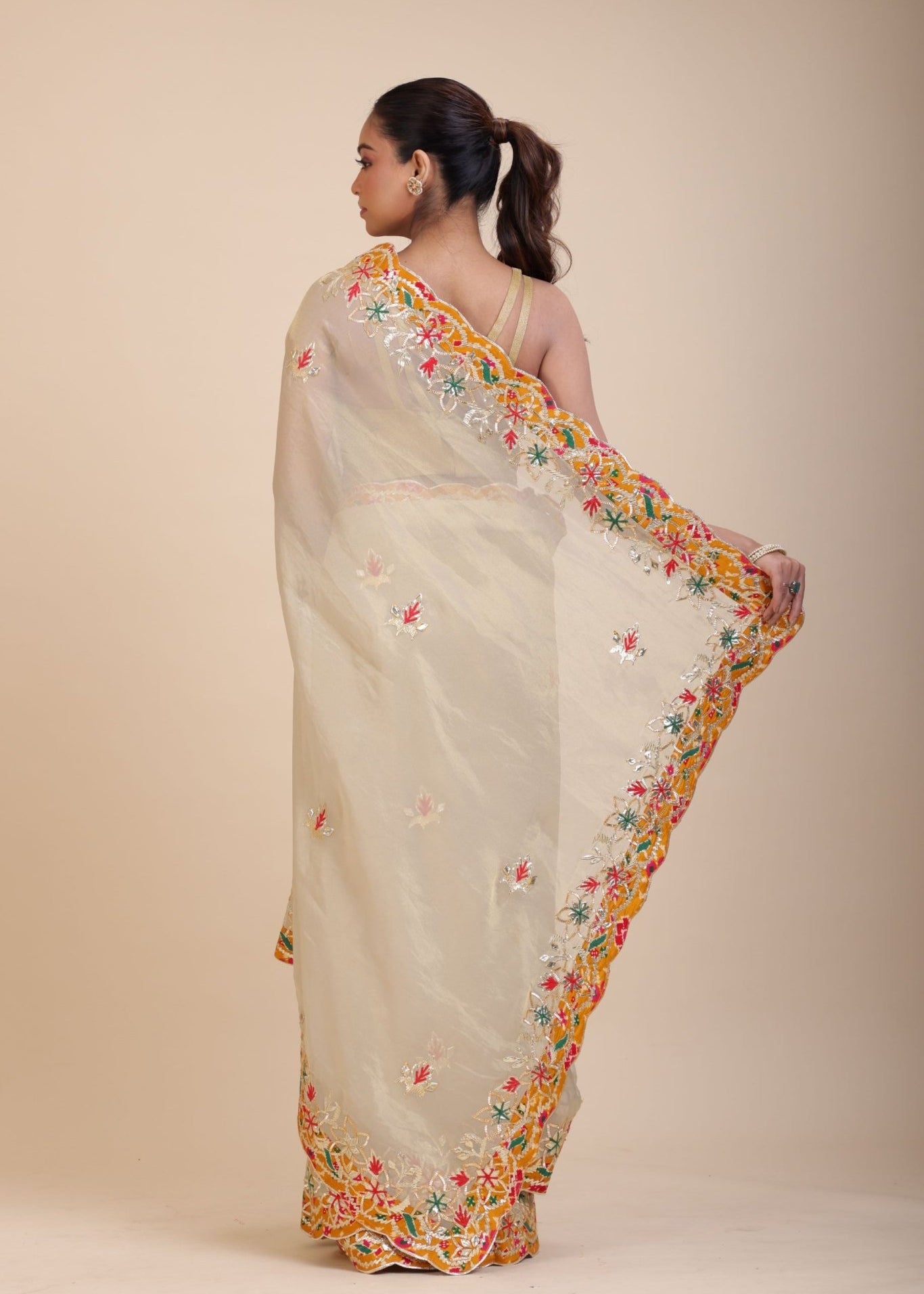 Ivory Gold Tissue Gota Patti Saree - Anvi Couture