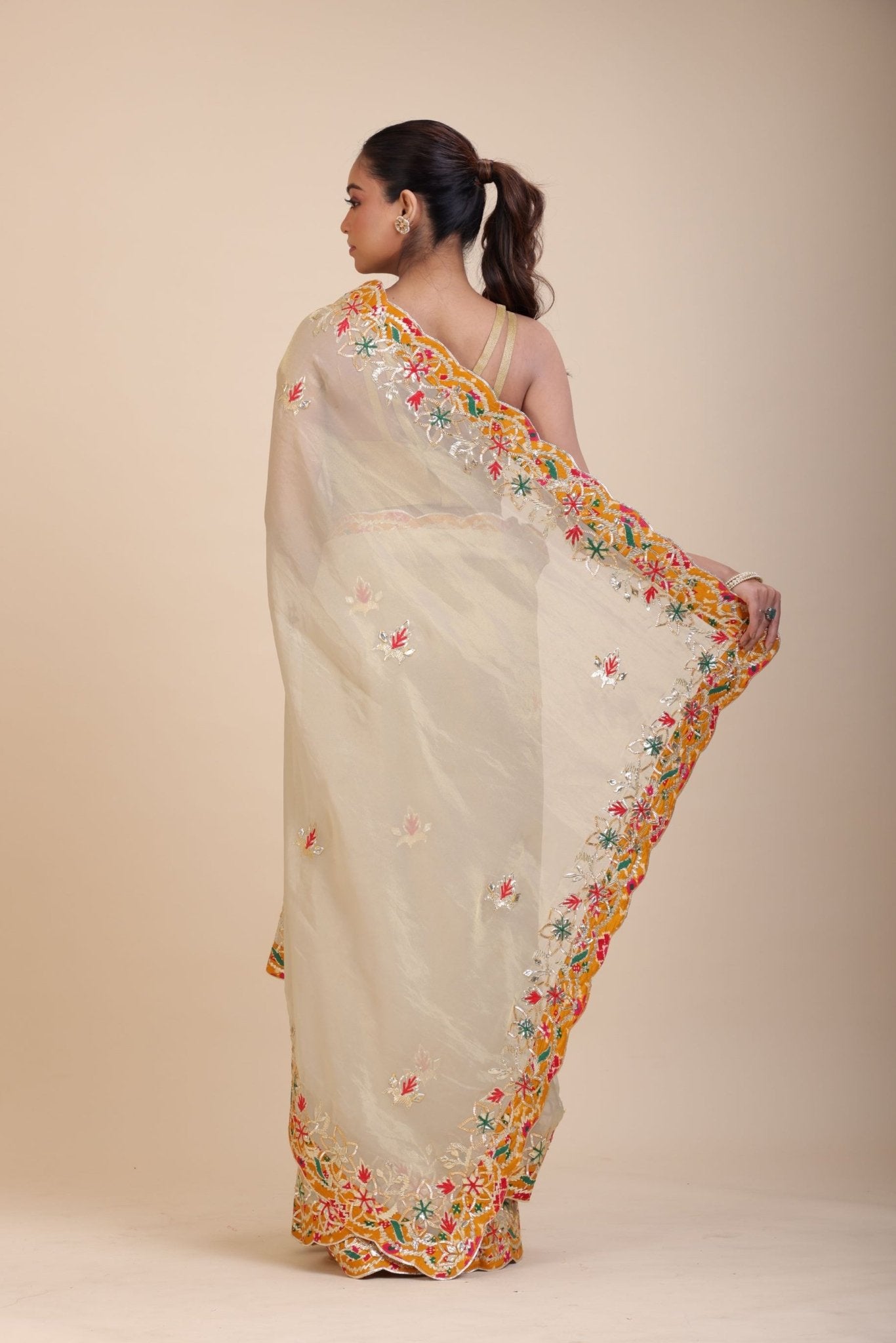 Ivory Gold Tissue Gota Patti Saree - Anvi Couture