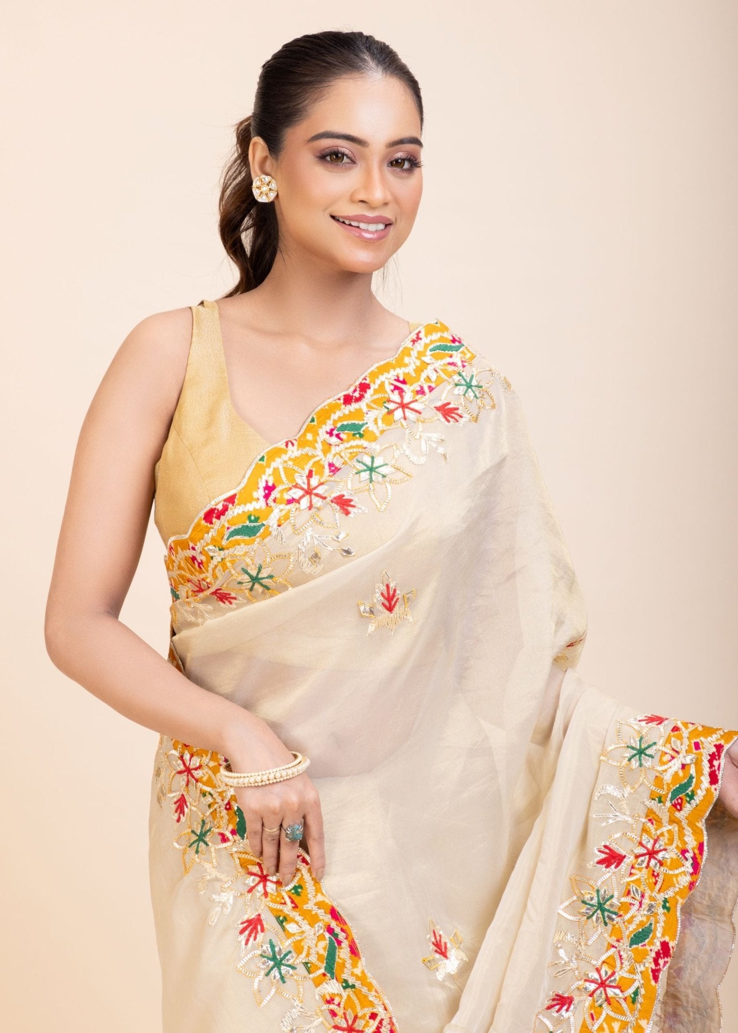 Ivory Gold Tissue Gota Patti Saree - Anvi Couture