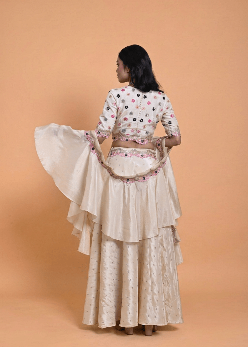 Ivory Tissue Silk Hand Embroidered Lehenga with Ruffle Dupatta - Anvi Couture