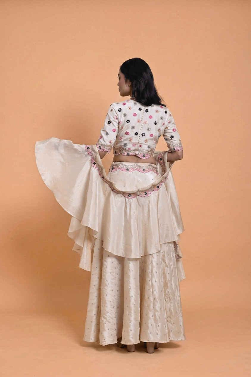 Ivory Tissue Silk Hand Embroidered Lehenga with Ruffle Dupatta - Anvi Couture