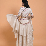 Ivory Tissue Silk Hand Embroidered Lehenga with Ruffle Dupatta - Anvi Couture