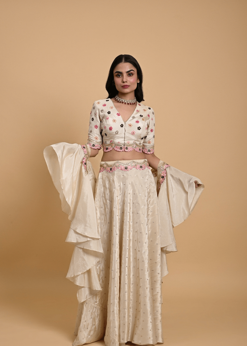 Ivory Tissue Silk Hand Embroidered Lehenga with Ruffle Dupatta - Anvi Couture