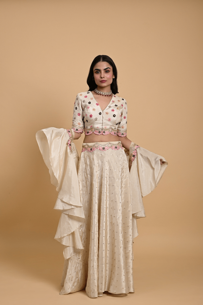 Ivory Tissue Silk Hand Embroidered Lehenga with Ruffle Dupatta - Anvi Couture