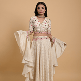 Ivory Tissue Silk Hand Embroidered Lehenga with Ruffle Dupatta - Anvi Couture