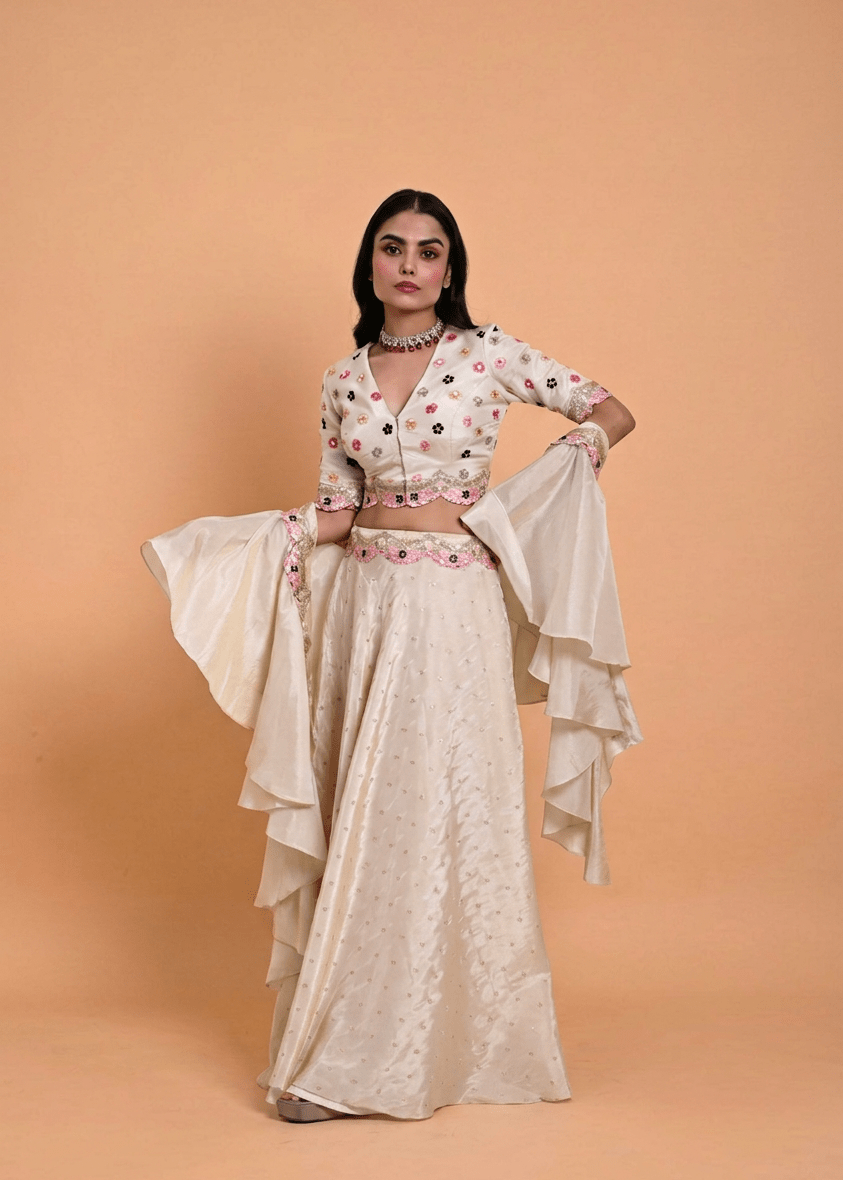 Ivory Tissue Silk Hand Embroidered Lehenga with Ruffle Dupatta - Anvi Couture