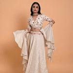 Ivory Tissue Silk Hand Embroidered Lehenga with Ruffle Dupatta - Anvi Couture