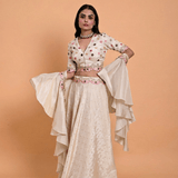 Ivory Tissue Silk Hand Embroidered Lehenga with Ruffle Dupatta - Anvi Couture
